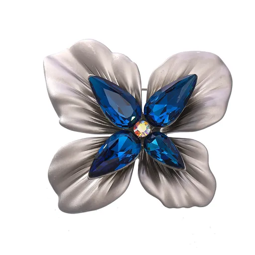 Troli Originální brož s modrými krystaly Květ Silver
