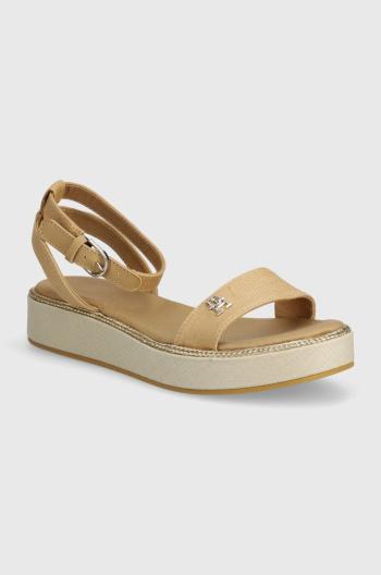 Sandály Tommy Hilfiger LINEN WITH GOLD FLATFORM dámské, béžová barva, FW0FW08051