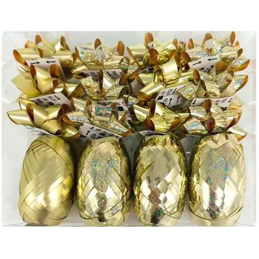 Anděl Přerov Sada na balení dárků zlatá, rozeta 5 x 2 x 5 cm 12 ks, stuha 0,5 cm x 10 m 4 ks