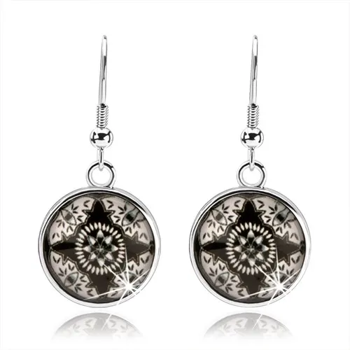 Náušnice kabošon, vypouklé sklo, černobílý obrázek - hvězda, květ, oči