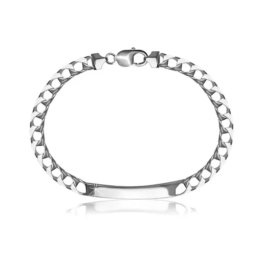 Stříbrný 925 náramek - lesklá hladká destička, plochý řetízek z hranatých oček