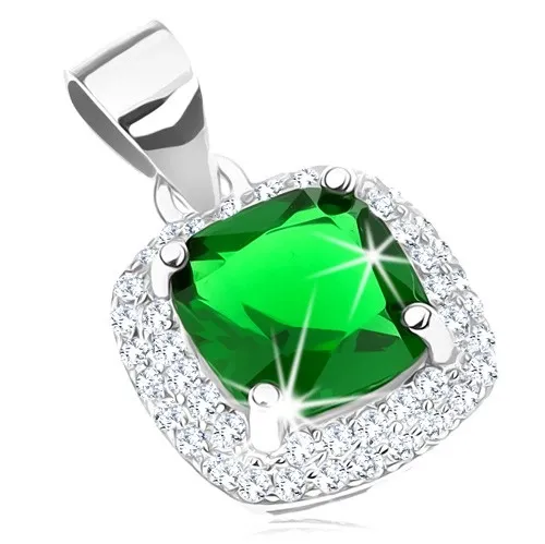 Rhodiovaný přívěsek, stříbro 925, zelený čtvercový zirkon, třpytivý lem