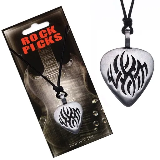 Náhrdelník se šňůrkou - černý, ploché trsátko, vyřezávaný ornament