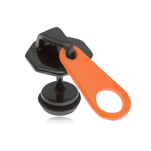 Černý falešný plug do ucha z oceli, oranžovočerný zip, PVD úprava
