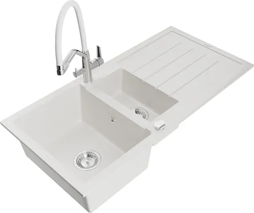 MEXEN/S Andres granitový dřez s odkapávačem včetně baterie Duo, bílá 6515-20-671701-02