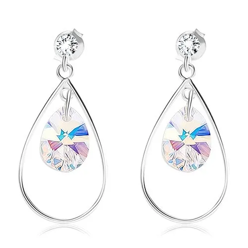 Stříbrné náušnice 925, světle žlutý krystal Swarovski v obrysu kapky