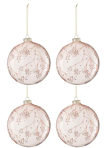 4ks růžová vánoční skleněná ozdoba s větvičkami a třpytkami - Ø 12 cm J-Line by Jolipa