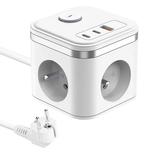 Síťový adaptér VIKING YC33, bílá/Output:3xAC, 1xUSB-A,2xUSB-C/Tlačítko ON/OFF/1,4m kabel