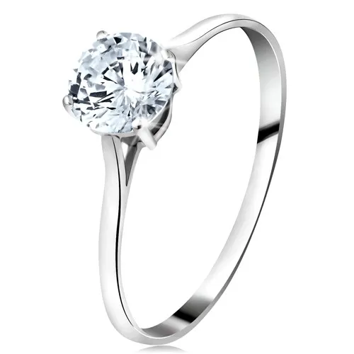 Prsten z bílého 14K zlata - velký kulatý zirkon čiré barvy, úzká ramena - Velikost: 54