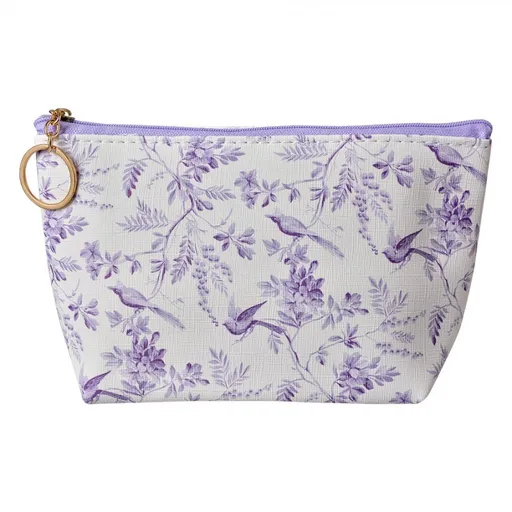 Bílá toaletní taštička s fialkovými květy a ptáčky Flowers - 21*5*13 cm Clayre & Eef