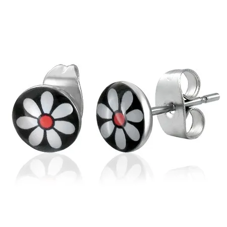 Kulaté ocelové náušnice - bílý kvítek s červeným středem