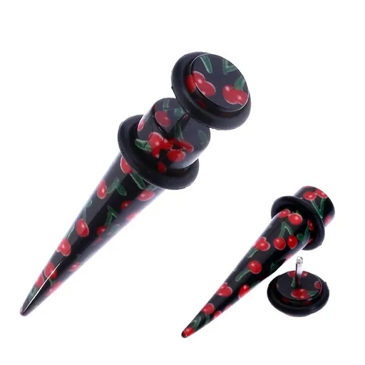 Akrylový fake taper s motivem třešní na černém podkladu