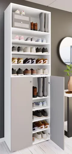 VCM Botník Lona 2XL s 10 přihrádkami, otočné dveře + police, bílá