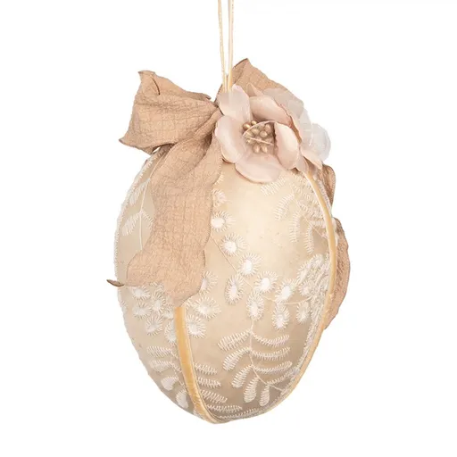 Béžové závěsné vajíčko s výšivkou a mašlí Fancy - Ø 11*17 cm Clayre & Eef