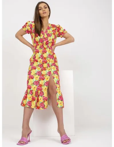 Dámské šaty s rozparkem květinové midi YVONNE žluté