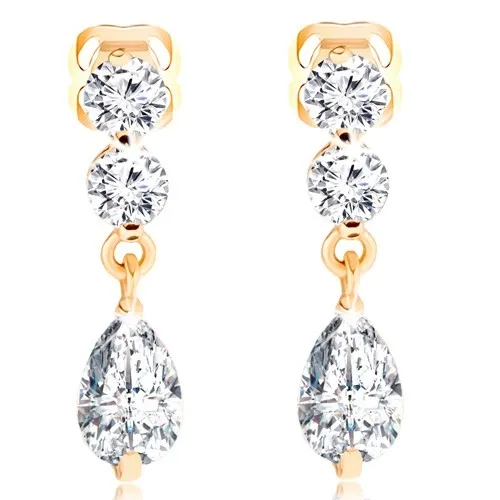 Náušnice ze žlutého 14K zlata - kulaté čiré zirkony, broušená kapka
