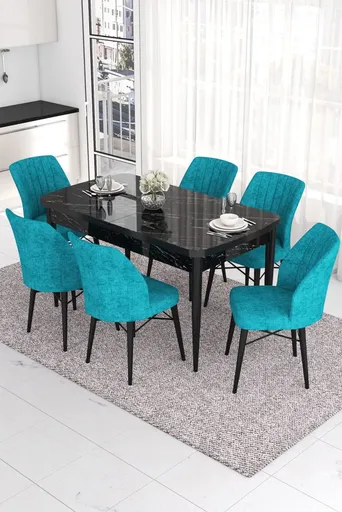 Extendable Dining Table & Chairs Set (7 Pieces) Eva - Black Marble, Turquoise