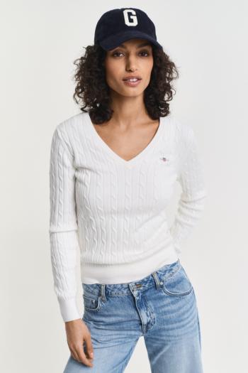 SVETR GANT STRETCH COTTON CABLE V-NECK EGGSHELL