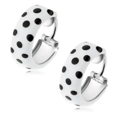 Náušnice ze stříbra 925, kruh, bílá glazura s černými tečkami
