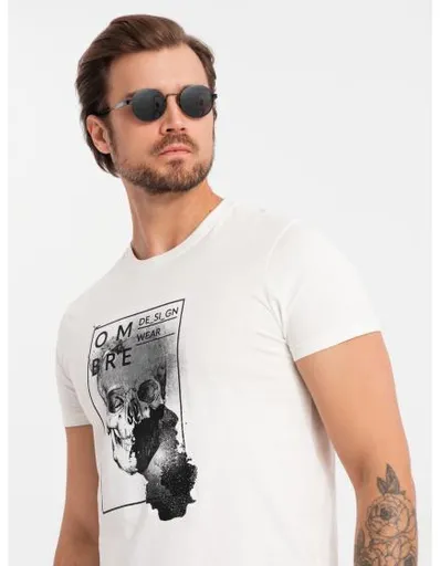 Pánské bavlněné tričko s jemnou výšivkou - krémová V2