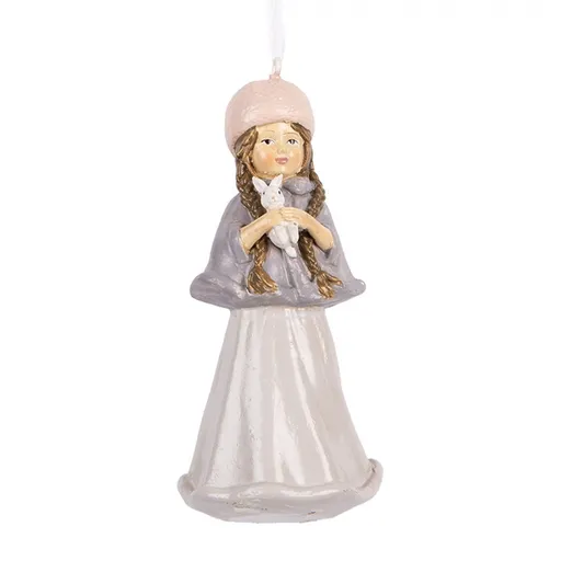 Fialová závěsná dekorace děvčátko v peleríně držící králíčka - 5*5*11 cm Clayre & Eef