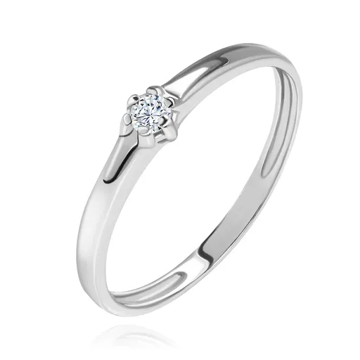 Prsten z bílého 14K zlata - lesklá hladká ramena, zářivý čirý diamant - Velikost: 55