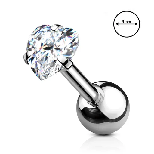 Piercing z 316L oceli do tragu - čirý srdíčkovitý zirkon, délka 8 mm, průměr 4 mm