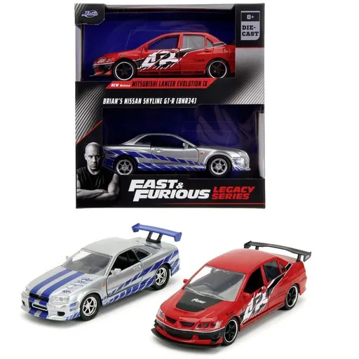 Rychle a zběsile Twin Pack 2006 Mitsubishi Lancer Evo IX + Brianův 2002 Nissan Skyline GTR R34, 1:32 Wave