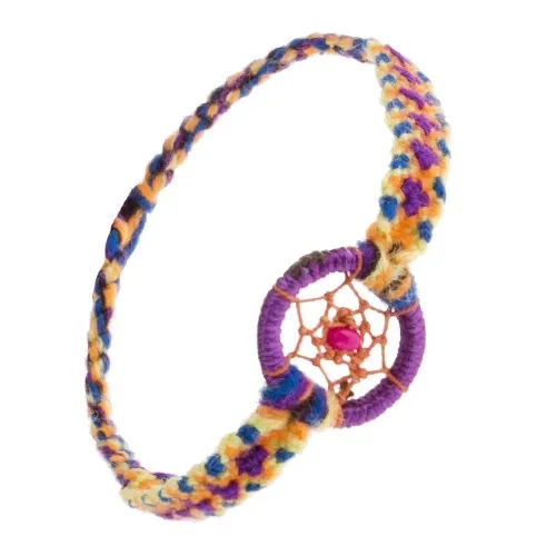 Náramek z barevných nití, růžový korálek v kruhu s pavučinkou