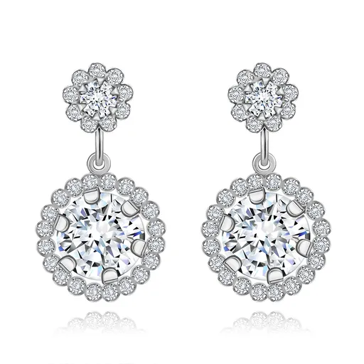 Náušnice z bílého 14K zlata - dva zirkonové kvítky čiré barvy