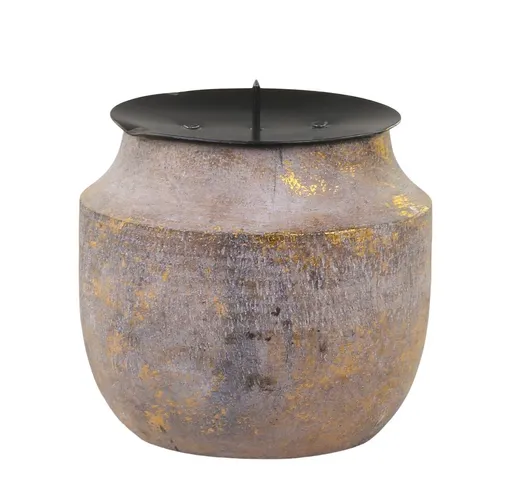 Zlato-přírodní antik dřevěný svícen na sloupovitou svíčku - Ø 9*8 cm Chic Antique