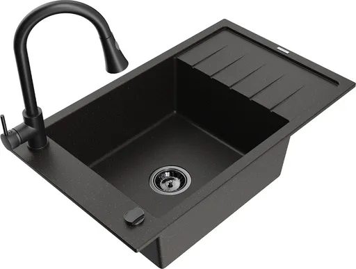 MEXEN/S Elias granitový dřez 1 s odkapávačem včetně baterie Elia, černá/zlatá metalik 6511-75-670101-70-B