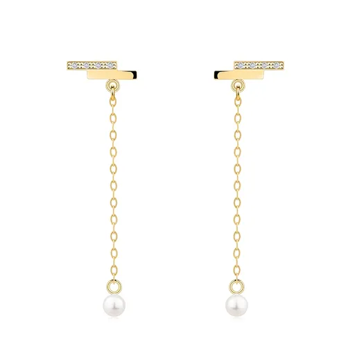 Zlaté visací náušnice 14K s kultivovanou perlou a kubickou zirkonií