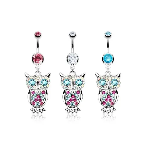 Ocelový barbell do pupíku - zirkonové kuličky a barevná sova - Barva zirkonu: Čirá - C