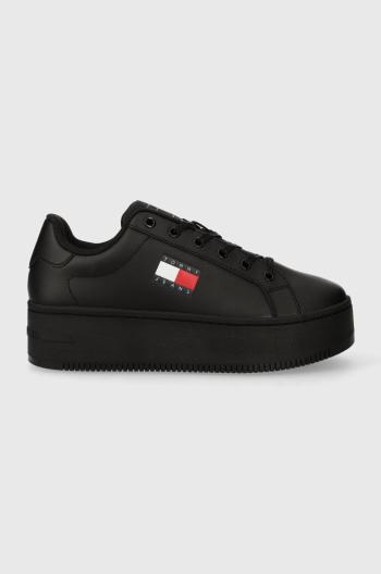 Kožené sneakers boty Tommy Jeans TJW FLATFORM ESS černá barva, EN0EN02518