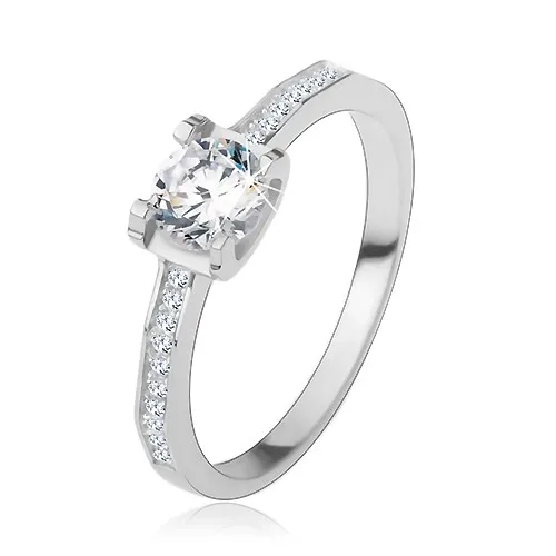 Stříbrný 925 prsten, lesklá ramena, kulatý broušený zirkon - Velikost: 60