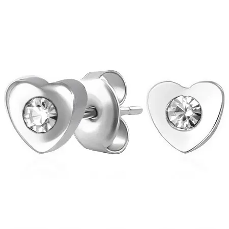 Náušnice z oceli 316L, stříbrná barva, souměrné srdíčko se zirkonkem