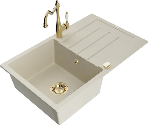 MEXEN/S Bruno granitový dřez 1-miska s odkapávačem včetně baterie Carla, béžová 6513-69-670700-50