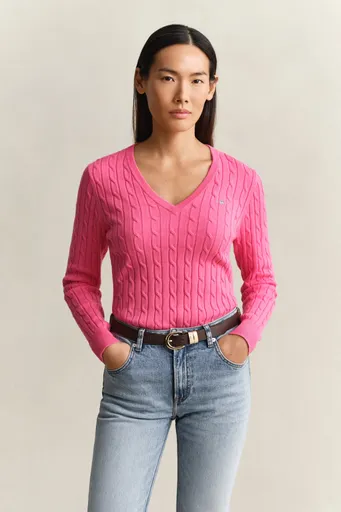SVETR GANT STRETCH COTTON CABLE V-NECK BRIGHT FUSCHIA