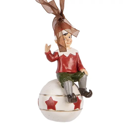 Závěsná vánoční dekorace sedící Elf na kouli - 5*5*10 cm Clayre & Eef