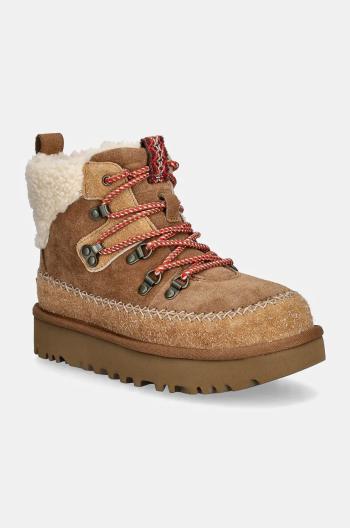 Semišové boty UGG Classic Alpine Lace Up hnědá barva, na plochém podpatku, zateplené, 1158271-CHE