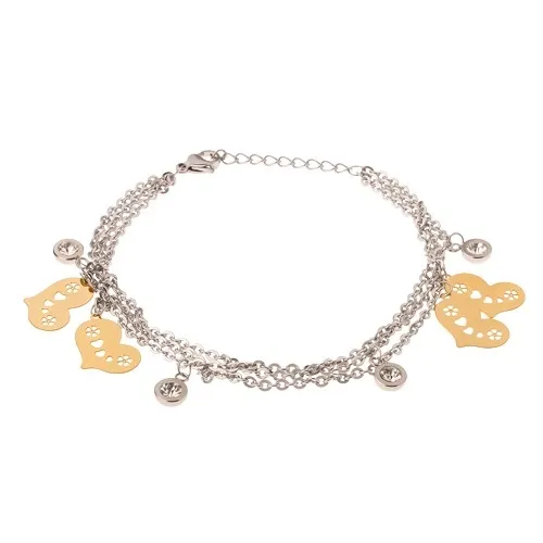 Náramek na ruku z oceli - trojitý řetízek, plochá zlatá srdíčka, zirkony