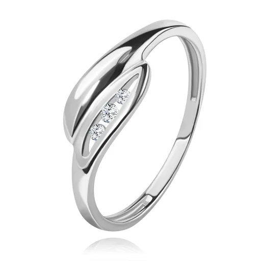 Briliantový prsten v bílém 14K zlatě - mírně zahnuté lístečky, tři čiré diamanty - Velikost: 49
