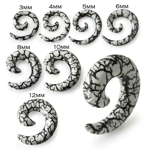 Bílý spirálový expander do ucha s motivem černých prasklin - Tloušťka : 10 mm