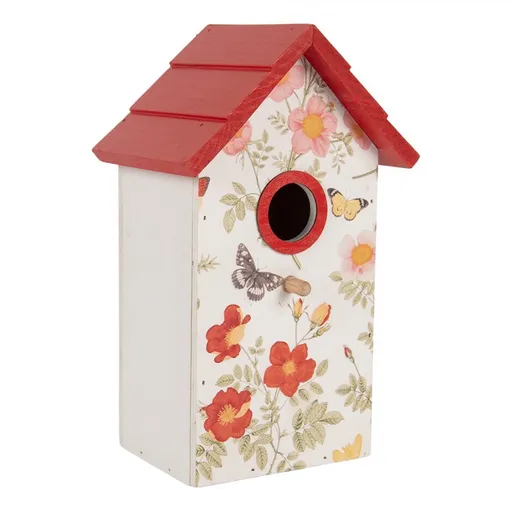 Bílo-červená dřevěná ptačí budka s květy Birdhouse - 15*10*22 cm Clayre & Eef