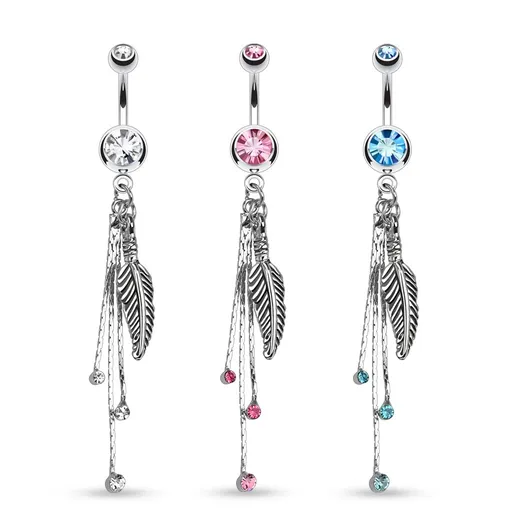 Piercing do břicha stříbrné barvy, gravírované pírko, řetízky, barevné zirkony - Barva zirkonu: Aqua modrá - Q