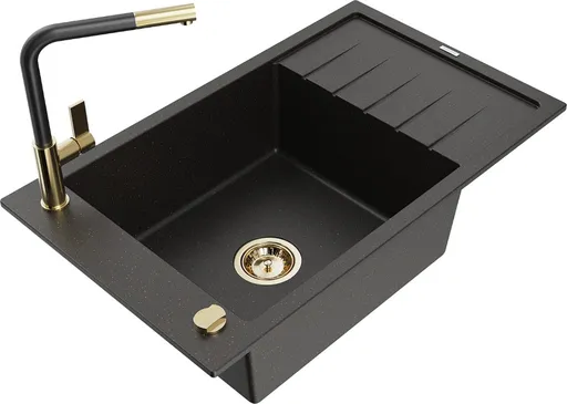MEXEN/S Elias granitový dřez 1 s odkapávačem včetně baterie Flora, černá/zlatá metalik 6511-75-670401-57-G