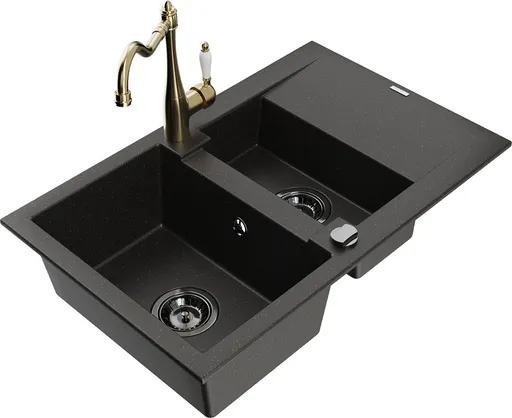 MEXEN/S Gaspar granitový dřez 1.5 s odkapávačem včetně baterie Carla černá/zlatá metalik 6507-75-670700-50-B