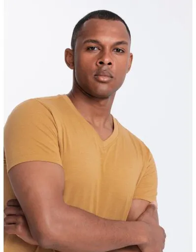 Pánské klasické bavlněné tričko BASIC hořčicový melír