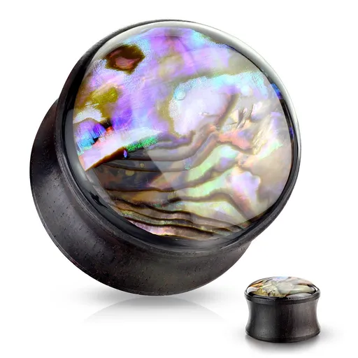 Plug do ucha ze dřeva - černohnědá barva, průhledná glazura s vícebarevným podkladem - Tloušťka : 16 mm